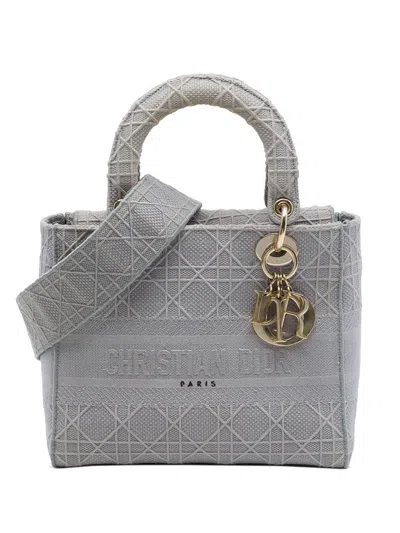 Pre-owned Dior 2020 Medium Embroidered Canvas Cannage Lady D Lite Satchel In Grey