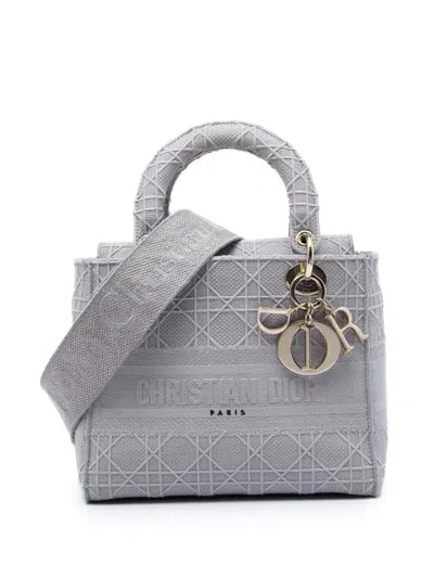 Pre-owned Dior 2020 Medium Embroidered Canvas Cannage Lady D Lite Satchel In Grey