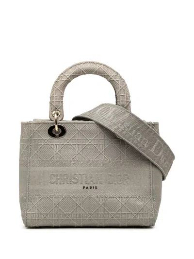 Pre-owned Dior 2020 Medium Embroidered Canvas Cannage Lady D Lite Satchel In Grey
