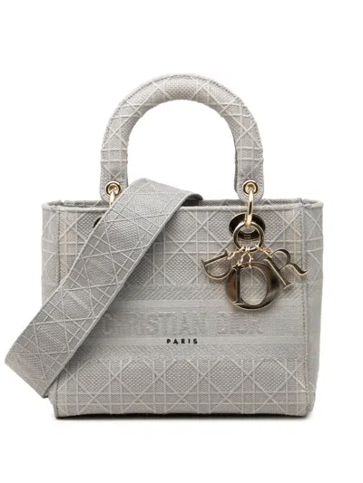 Pre-owned Dior 2020 Medium Embroidered Canvas Cannage Lady D Lite Satchel In Grey
