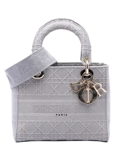 Pre-owned Dior 2020 Medium Embroidered Canvas Cannage Lady D Lite Satchel In Grey
