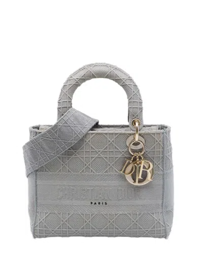 Pre-owned Dior 2020 Medium Embroidered Canvas Cannage Lady D Lite Satchel In Grey