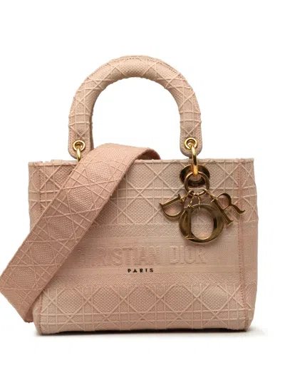 Pre-owned Dior 2020 Medium Embroidered Canvas Cannage Lady D Lite Satchel In Pink