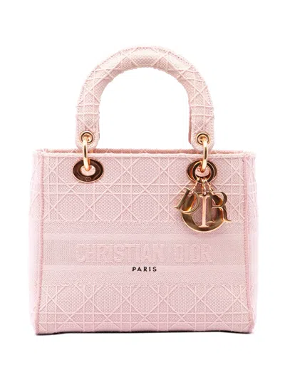 Pre-owned Dior 2020 Medium Embroidered Canvas Cannage Lady D Lite Satchel In Pink