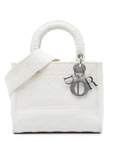 Pre-owned Dior 2020 Medium Embroidered Canvas Cannage Lady D Lite Satchel In White