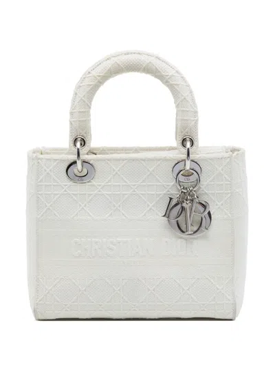 Pre-owned Dior 2020 Medium Embroidered Canvas Cannage Lady D Lite Satchel In White