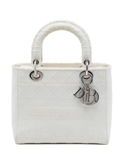 Pre-owned Dior 2020 Medium Embroidered Canvas Cannage Lady D Lite Satchel In White