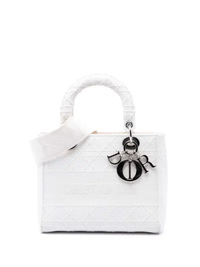 Pre-owned Dior 2020 Medium Embroidered Canvas Cannage Lady D Lite Satchel In White
