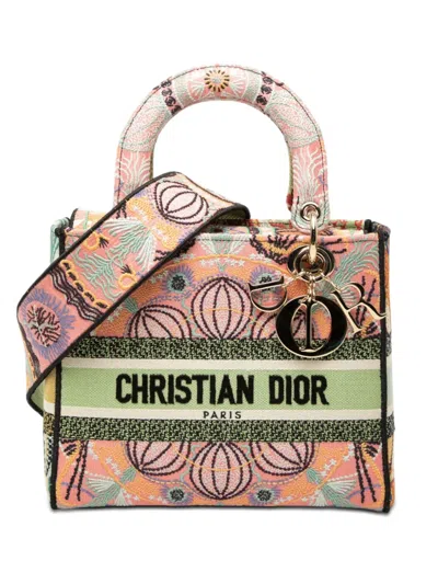 Pre-owned Dior 2020 Medium Embroidered Canvas In Lights Lady D Lite Satchel In Pink