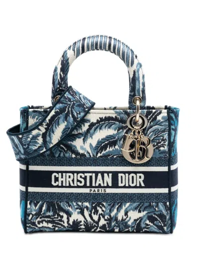 Pre-owned Dior 2020 Medium Embroidered Canvas Palm Tree Toile De Jouy Lady D Lite Satchel In Blue