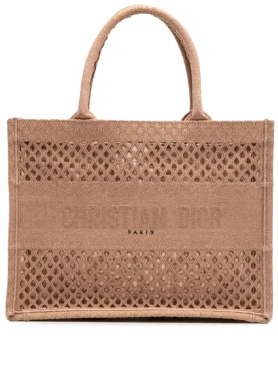 Pre-owned Dior 2020 Medium Embroidered Mesh Book Tote Bag In Brown