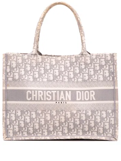 Pre-owned Dior 2020 Medium Oblique Embroidered Canvas Book Tote Bag In Gray