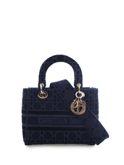 Pre-owned Dior 2020 Medium Velvet Cannage Lady D Lite Satchel In Blue