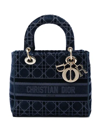 Pre-owned Dior 2020 Medium Velvet Cannage Lady D Lite Satchel In Blue