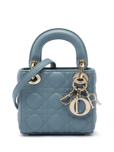 Pre-owned Dior 2020 Micro Lambskin Cannage Lady  Satchel In Blue
