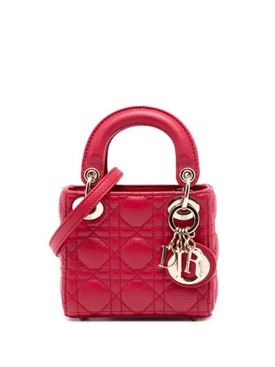 Pre-owned Dior 2020 Micro Lambskin Cannage Lady  Satchel In Red