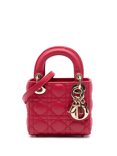 Pre-owned Dior 2020 Micro Lambskin Cannage Lady  Satchel In Red