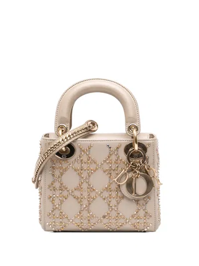 Pre-owned Dior 2020 Mini Beaded Metallic Lambskin Cannage Lady  Satchel In Gold
