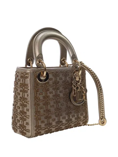 Pre-owned Dior 2020 Mini Beaded Metallic Lambskin Cannage Lady  Satchel In Gold