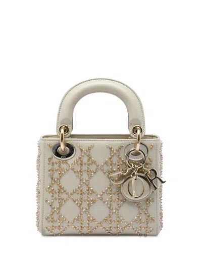 Pre-owned Dior 2020 Mini Beaded Metallic Lambskin Cannage Lady  Satchel In Neutrals