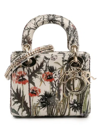 Pre-owned Dior 2020 Mini Calfskin Beaded Embroidered Jardin Naturel Lady  Satchel In Multi