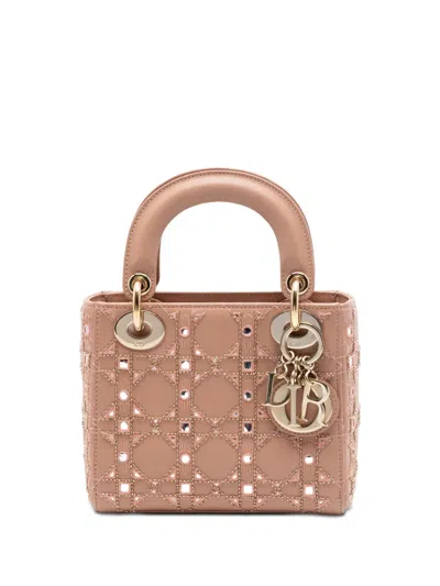 Pre-owned Dior 2020 Mini Calfskin Cannage Bead And Strass Embellished Lady  Satchel In Brown