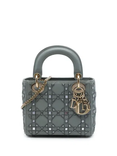 Pre-owned Dior 2020 Mini Calfskin Cannage Beaded Lady  Satchel In Gray