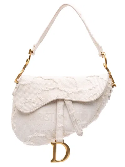 Pre-owned Dior 2020 Mini Canvas Embroidered Camouflage Saddle Bag Shoulder Bag In White