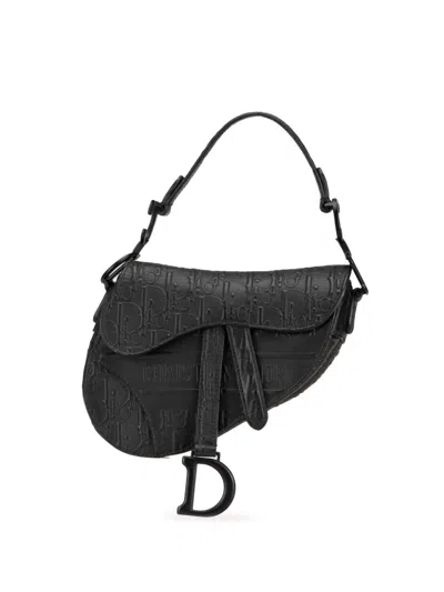 Pre-owned Dior 2020 Mini Embossed Calfskin Oblique Saddle Shoulder Bag In Black