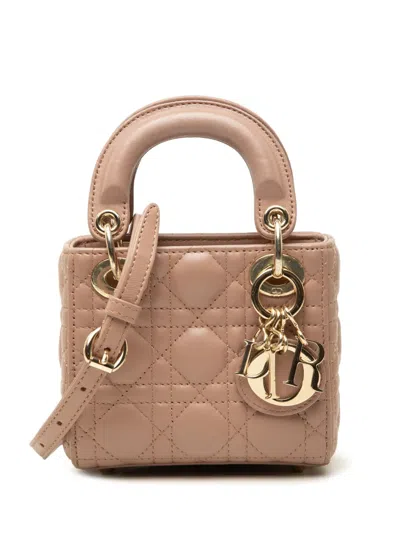Pre-owned Dior 2020 Mini Lambskin Cannage Lady  Satchel In Brown