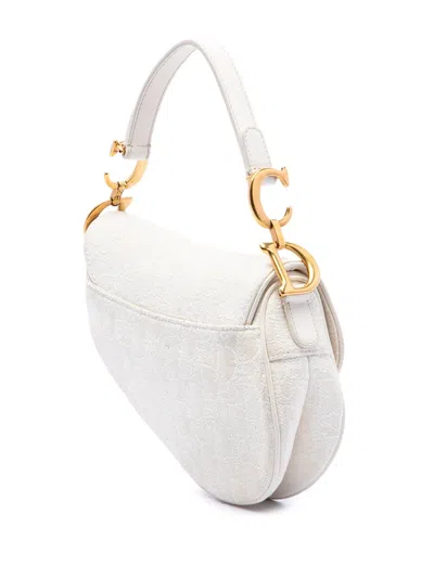 Pre-owned Dior 2020 Mini Oblique Embroidered Canvas Saddle Bag Satchel In White