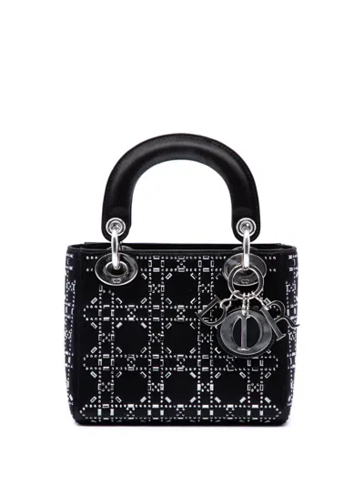 Pre-owned Dior 2020 Mini Satin Cannage Crystal Embellished Lady  Satchel In Black