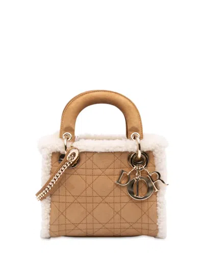 Pre-owned Dior 2020 Mini Suede Shearling Cannage Lady  Satchel In Brown