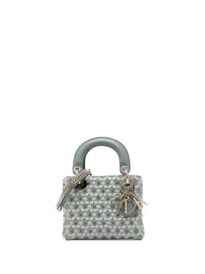 Pre-owned Dior 2020 Mini Suede Stone And Beads Lady  Satchel In Grey