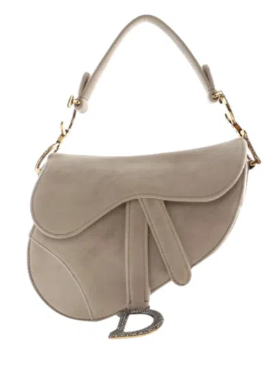 Pre-owned Dior 2020 Mini Velvet Crystal Embellished Saddle Bag Handbag In Gray