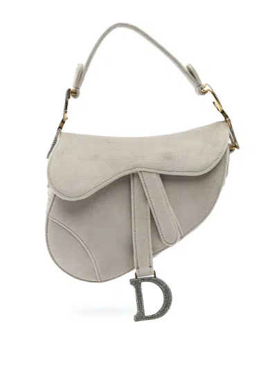 Pre-owned Dior 2020 Mini Velvet Crystal Embellished Saddle Satchel In Grey