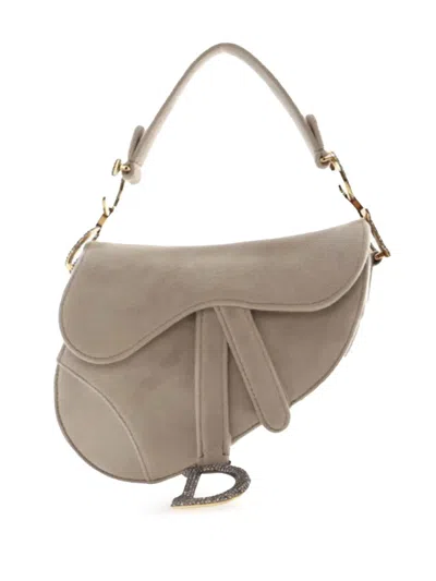 Pre-owned Dior 2020 Mini Velvet Crystal Embellished Saddle Satchel In Grey