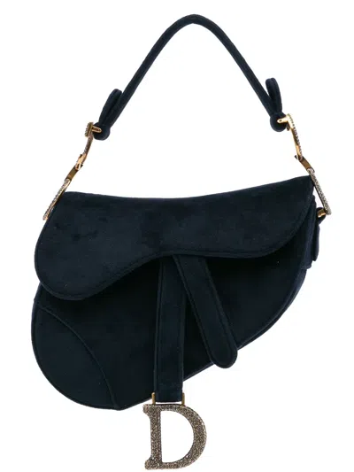 Pre-owned Dior 2020 Mini Velvet Crystal Saddle Satchel In Blue