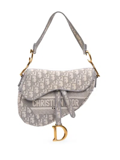 Pre-owned Dior 2020 Oblique Canvas Embroidered Saddle Bag Shoulder Bag In Gray