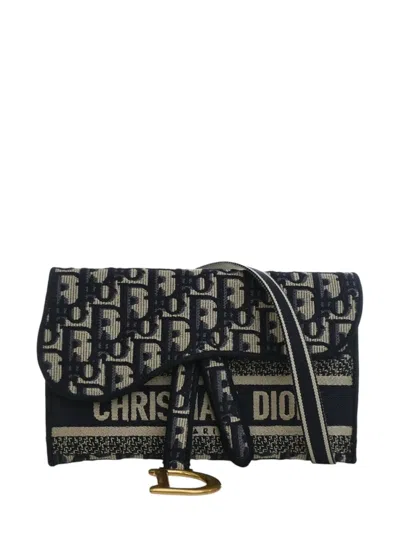 Pre-owned Dior 2020 Oblique Canvas Embroidered Saddle Slim Pouch Belt Bag In Blue