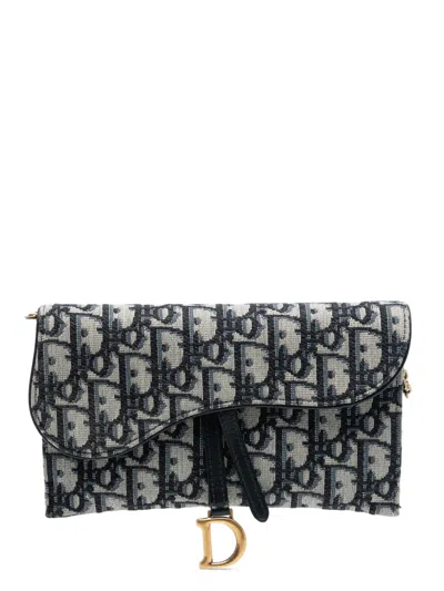 Pre-owned Dior 2020 Oblique Canvas Saddle Wallet On Chain Crossbody Bag In Blue