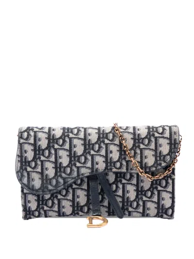 Pre-owned Dior 2020 Oblique Canvas Saddle Wallet On Chain Crossbody Bag In Blue