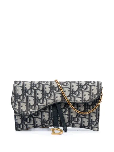 Pre-owned Dior 2020 Oblique Canvas Saddle Wallet On Chain Crossbody Bag In Blue
