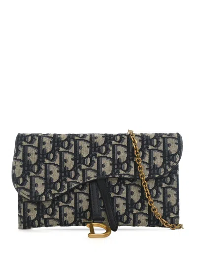 Pre-owned Dior 2020 Oblique Canvas Saddle Wallet On Chain Crossbody Bag In Blue