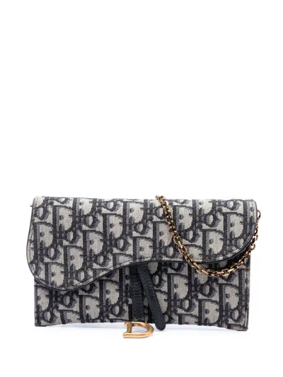 Pre-owned Dior 2020 Oblique Canvas Saddle Wallet On Chain Crossbody Bag In Blue