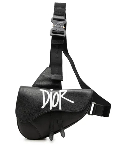 Pre-owned Dior 2020 Shawn Stussy Grained Calfskin Saddle Bag Crossbody Bag In Black