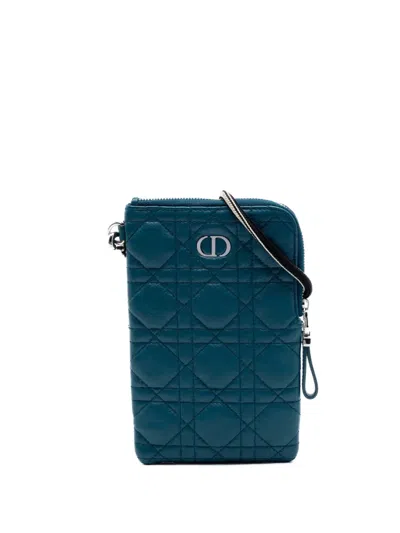 Pre-owned Dior 2020 Supple Calfskin Cannage Caro Multifunctional Pouch Crossbody Bag In Blue