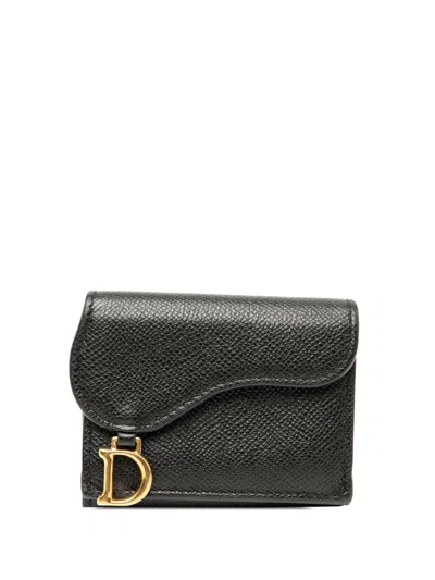 Pre-owned Dior 2020-2026 Grained Calfskin Saddle Trifold Wallet Small Wallets In Black