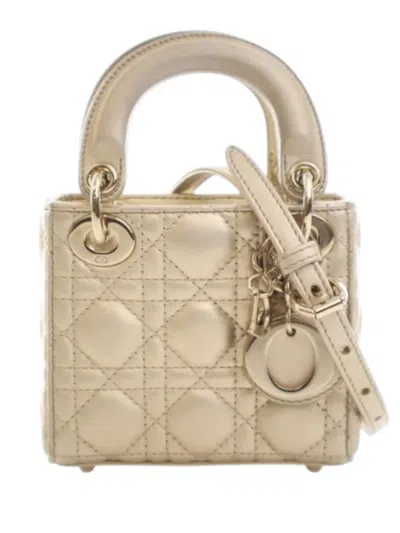Pre-owned Dior 2020-2026 Micro Metallic Lambskin Cannage Lady  Satchel In Gold