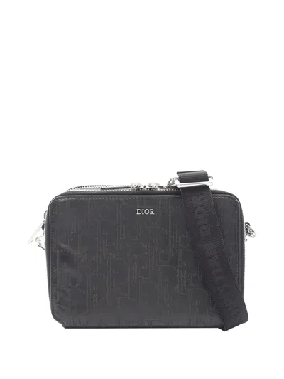 Pre-owned Dior 2020-2026 Oblique Perforated Calfskin Galaxy Pouch With Strap Crossbody Bag In Black